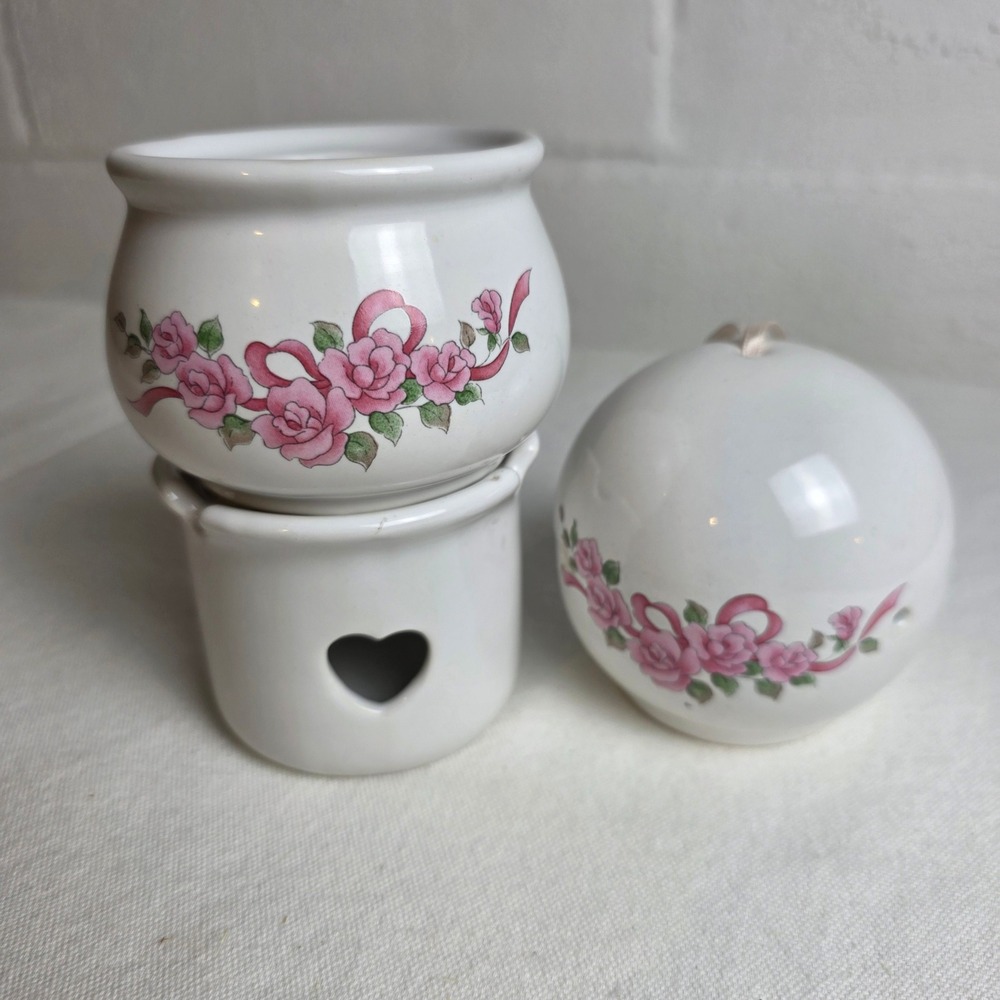 Vintage Ceramic Pink Rose Oil Warmer and Pomander Set Heart Cutouts Cottagecore